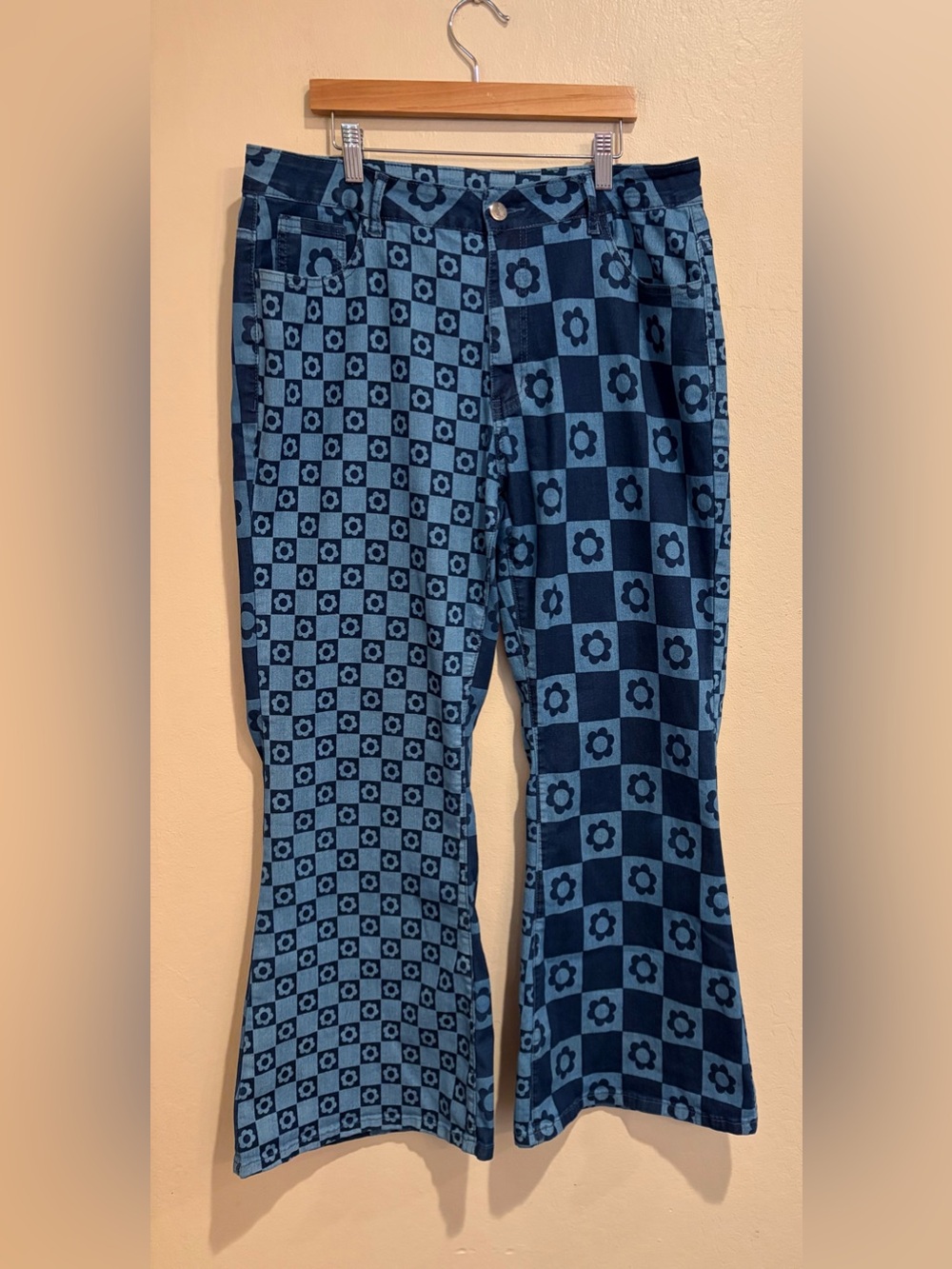 Denim Blue Checkerboard Flower Power Flare Jeans, 70s Disco & 90s Girl Power